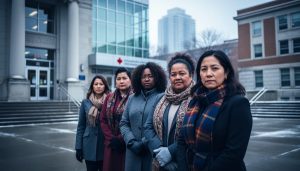 Diverse group of Indigenous and Black women standing together outside civic buildings, with courthouse and school-like silhouettes blurred in the background to represent systemic intersections of racism and feminism.