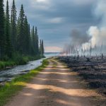 Split view of a Canadian forest clearing with a clear stream and green evergreen trees on one side, and charred stumps with distant wildfire smoke on the other under a stormy sky.
