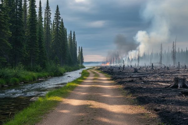 Split view of a Canadian forest clearing with a clear stream and green evergreen trees on one side, and charred stumps with distant wildfire smoke on the other under a stormy sky.