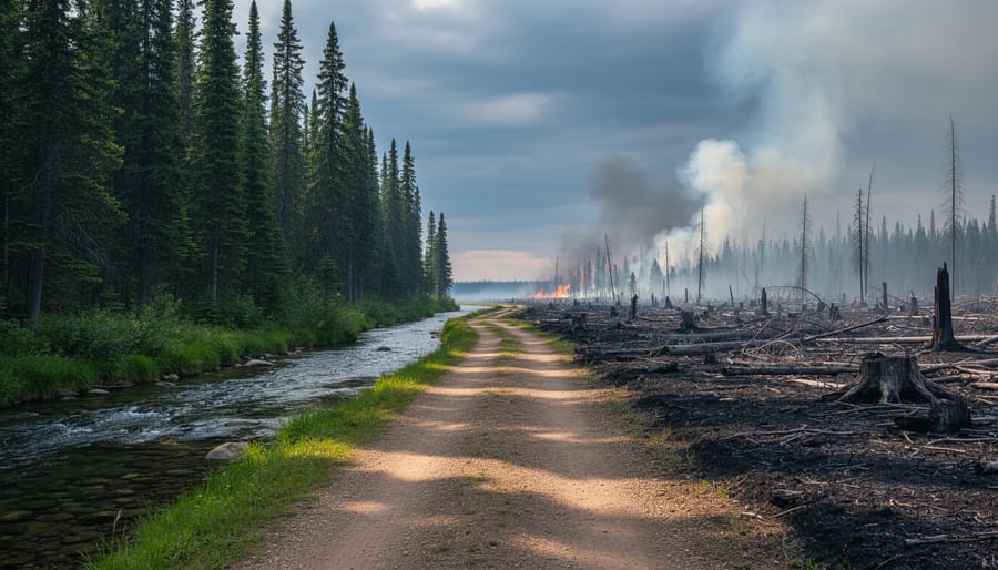 Split view of a Canadian forest clearing with a clear stream and green evergreen trees on one side, and charred stumps with distant wildfire smoke on the other under a stormy sky.