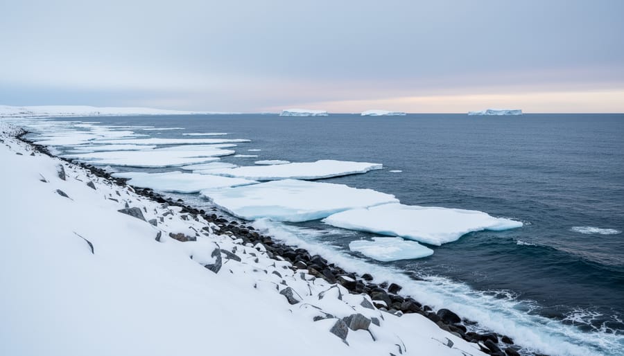 Wide view of an Arctic coastline with rocky shore and drifting sea ice under an overcast sky