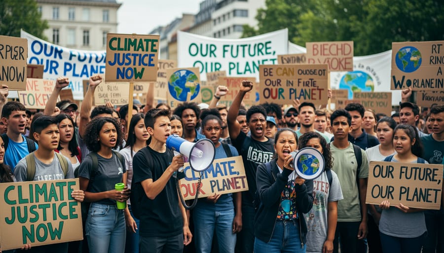 Youth climate demonstrators standing together holding blank signs near a city street