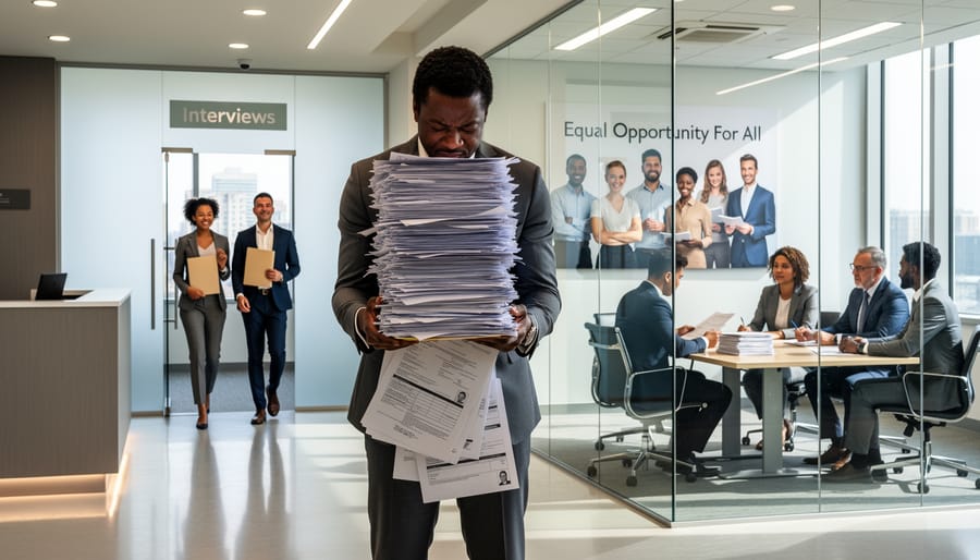 A Black woman in business-casual clothing holding job application papers in front of a glass office building.