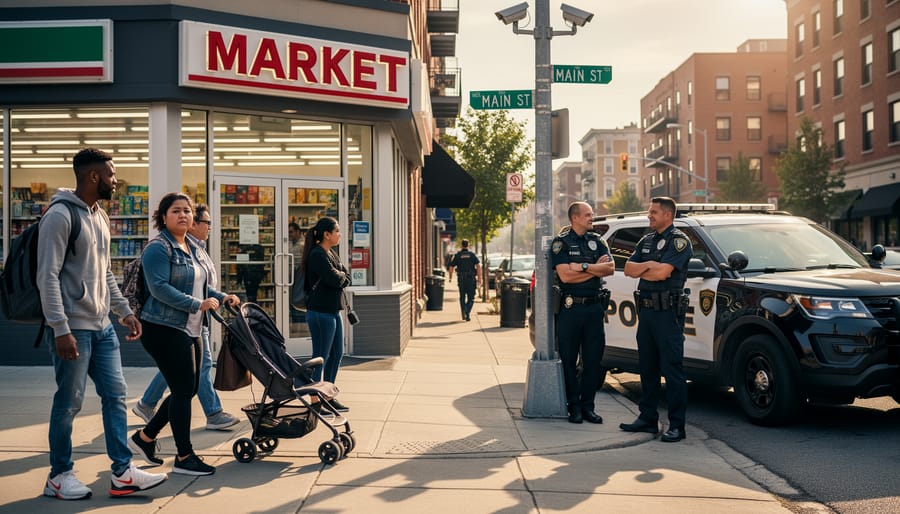 A police cruiser parked on a city street with commuters blurred in the background.