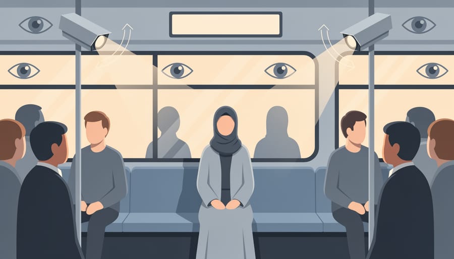 A woman wearing a headscarf standing on a bus platform holding an umbrella, with blurred commuters in the background.