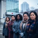 Diverse group of Indigenous and Black women standing together outside civic buildings, with courthouse and school-like silhouettes blurred in the background to represent systemic intersections of racism and feminism.