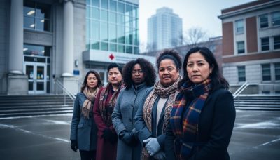 Diverse group of Indigenous and Black women standing together outside civic buildings, with courthouse and school-like silhouettes blurred in the background to represent systemic intersections of racism and feminism.