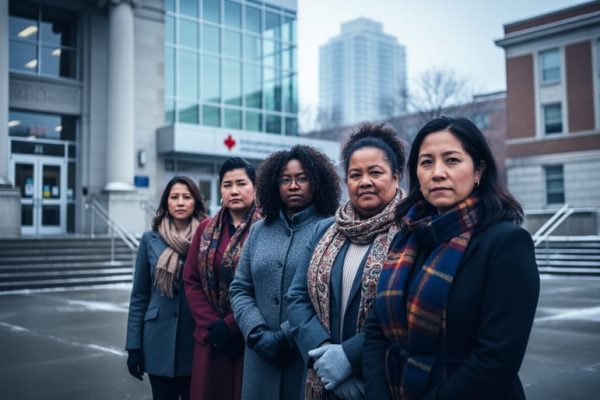 Diverse group of Indigenous and Black women standing together outside civic buildings, with courthouse and school-like silhouettes blurred in the background to represent systemic intersections of racism and feminism.
