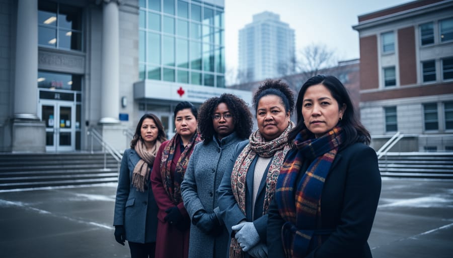 Diverse group of Indigenous and Black women standing together outside civic buildings, with courthouse and school-like silhouettes blurred in the background to represent systemic intersections of racism and feminism.