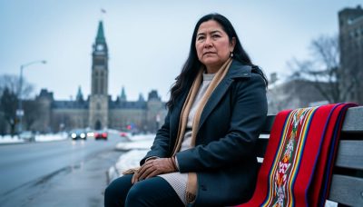 Indigenous woman in winter clothing with a Métis-patterned sash-like textile in the foreground, with a softly blurred Parliament Hill silhouette in the background.