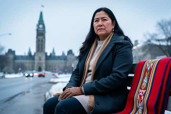 Indigenous woman in winter clothing with a Métis-patterned sash-like textile in the foreground, with a softly blurred Parliament Hill silhouette in the background.