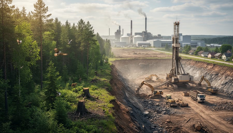 Forest edge with distant heavy machinery and cleared land indicating an active extraction or construction site.