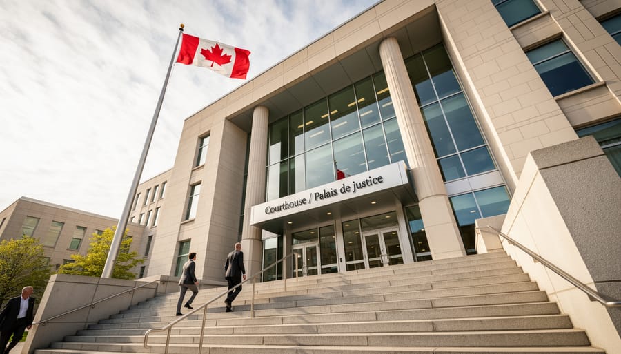 Low-angle view of a Canadian courthouse with columns under an overcast sky