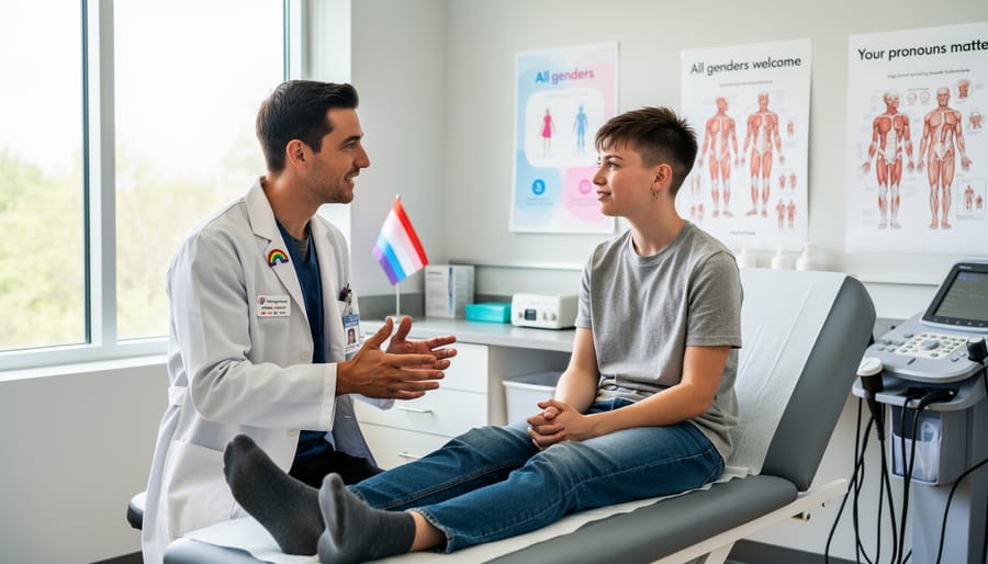 Stethoscope and folded blanket on a clinic chair in a gender-affirming healthcare exam room