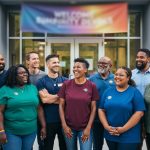 Diverse 2SLGBTQI+ friends standing together outside a community center, expressing solidarity and support.