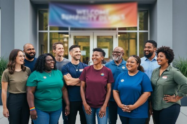 Diverse 2SLGBTQI+ friends standing together outside a community center, expressing solidarity and support.