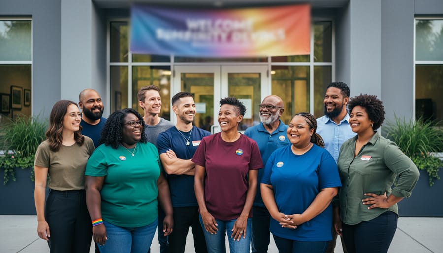 Diverse 2SLGBTQI+ friends standing together outside a community center, expressing solidarity and support.