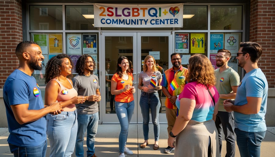 Diverse 2SLGBTQI+ friends standing together outside a community center in Canada