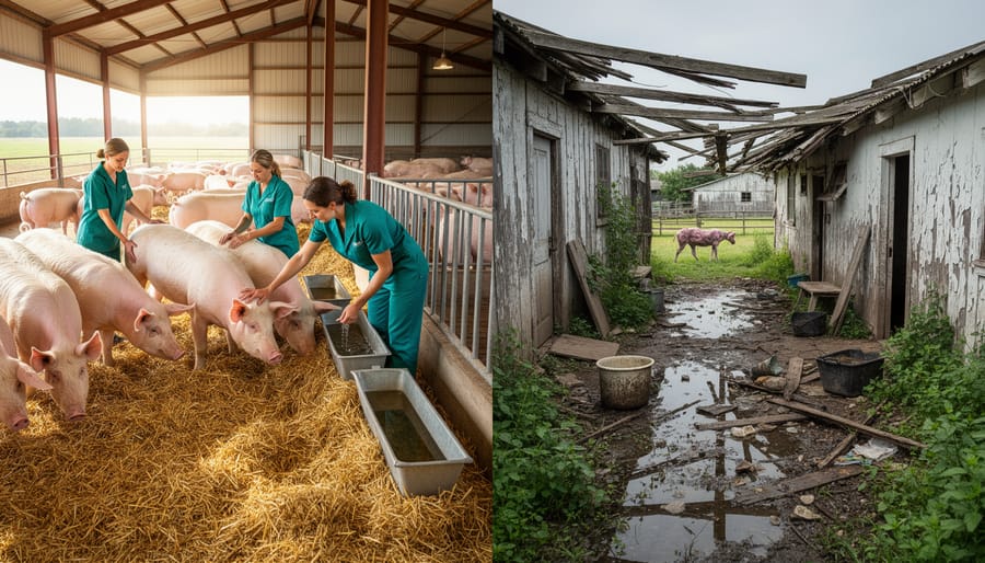 Well-maintained barn stall with a cow and clean water trough in an empty rural setting