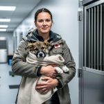 A rescue worker gently holding a rescued dog next to a closed animal enclosure door in an institutional animal care facility.