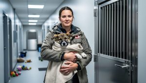 A rescue worker gently holding a rescued dog next to a closed animal enclosure door in an institutional animal care facility.