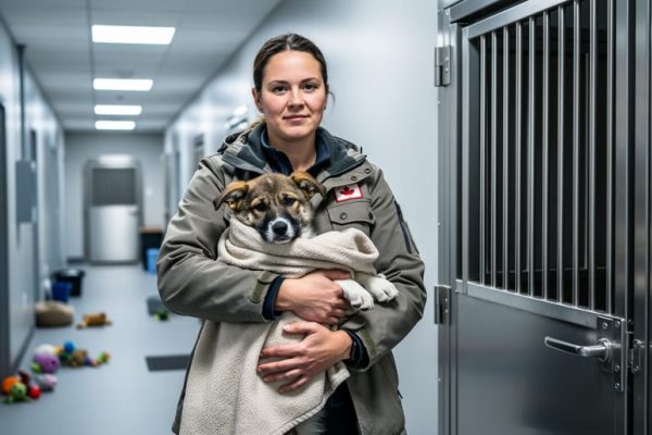 A rescue worker gently holding a rescued dog next to a closed animal enclosure door in an institutional animal care facility.