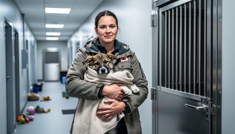 A rescue worker gently holding a rescued dog next to a closed animal enclosure door in an institutional animal care facility.