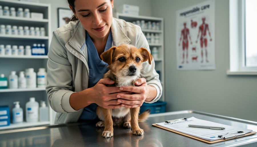 Rescue worker gently holding a dog in a veterinary intake room with blurred kennels in the background